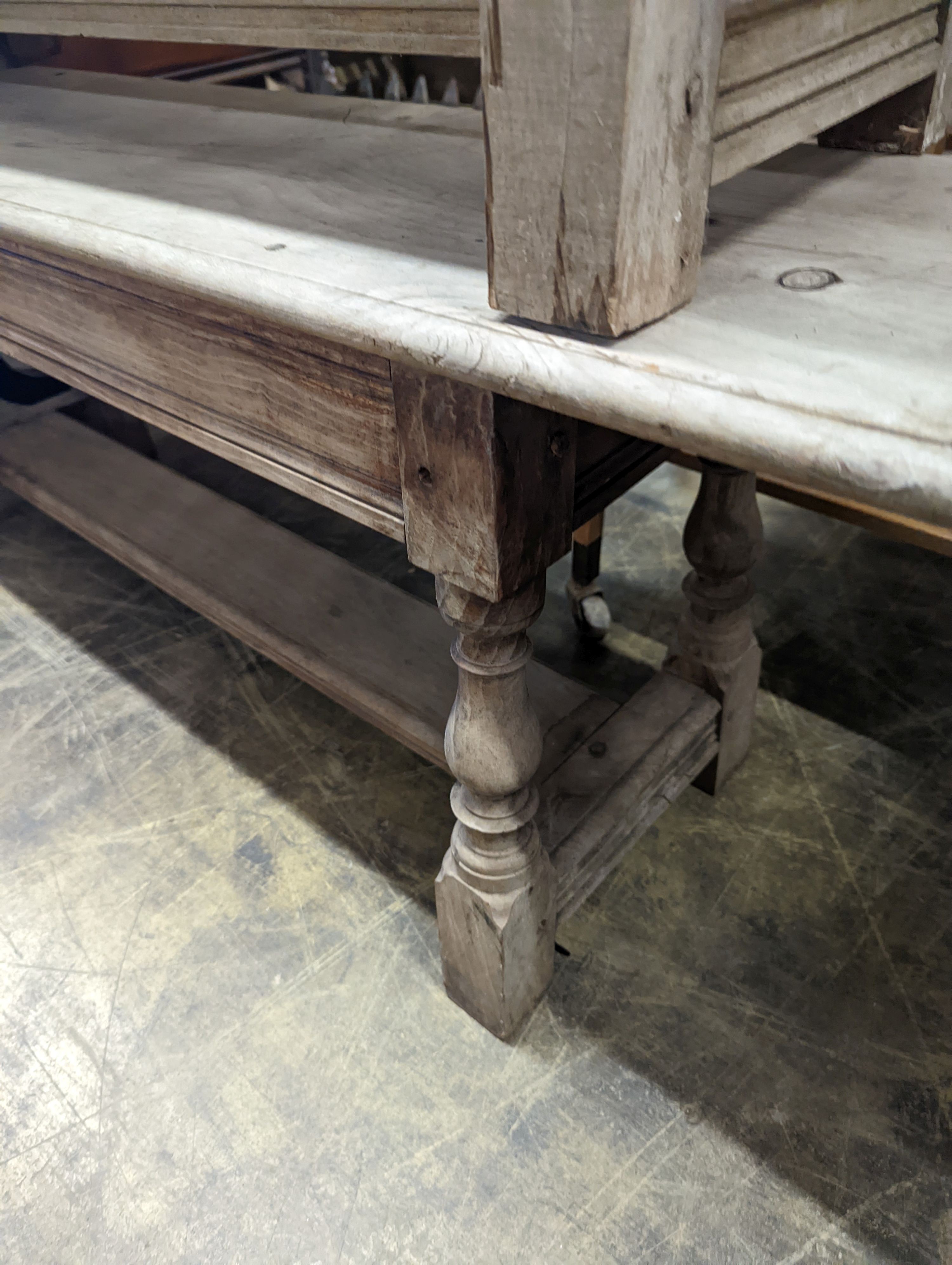 A pair of 18th century style bleached oak benches, length 124cm, depth 30cm, height 48cm
